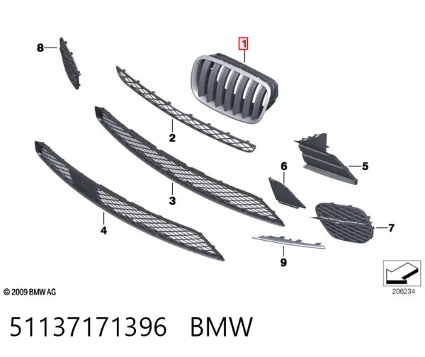 Rejilla derecha del radiador 51137171396 BMW