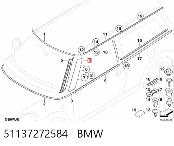 Moldura exterior del pilar delantero derecho 51137272584 BMW