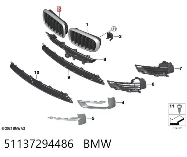 Rejilla derecha del radiador 51137294486 BMW