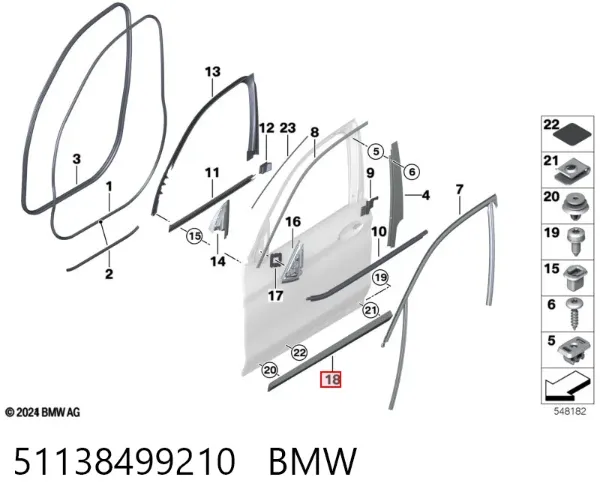 Moldura inferior de puerta delantera derecha 51138499210 BMW