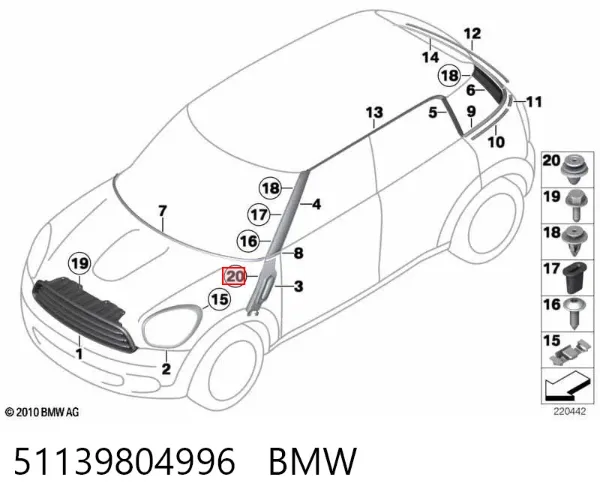 Clip de tapicería de la tapa del maletero 51139804996 BMW