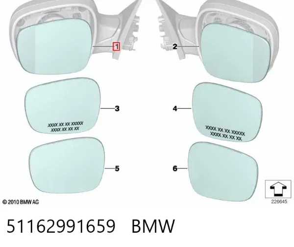 Cristal de espejo retrovisor exterior izquierdo 51162991659 BMW