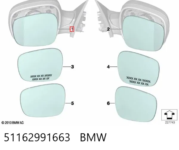 Cristal de espejo retrovisor exterior izquierdo 51162991663 BMW