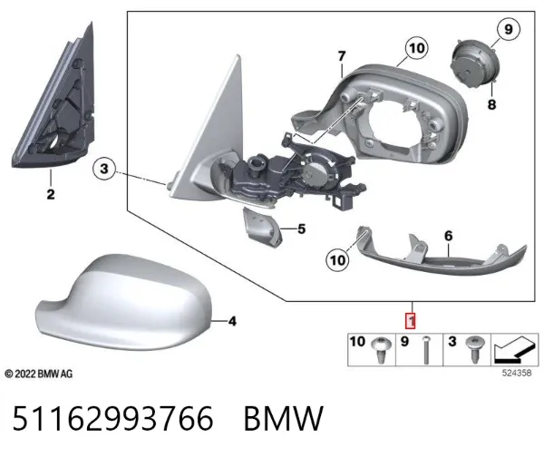 Carcasa interior del espejo retrovisor derecho 51162993766 BMW