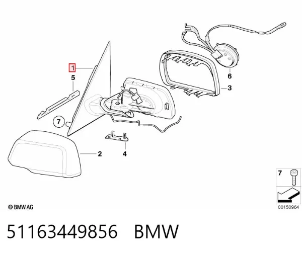 Espejo de retrovisor derecho 51163449856 BMW