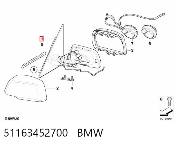 Espejo de retrovisor derecho 51163452700 BMW