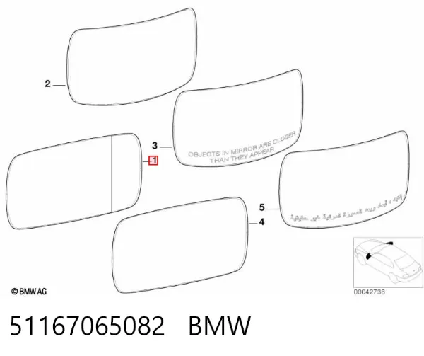Cristal de espejo retrovisor derecho 51167065082 BMW