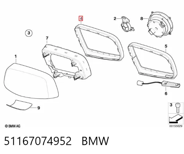 Cristal de espejo retrovisor derecho 51167074952 BMW