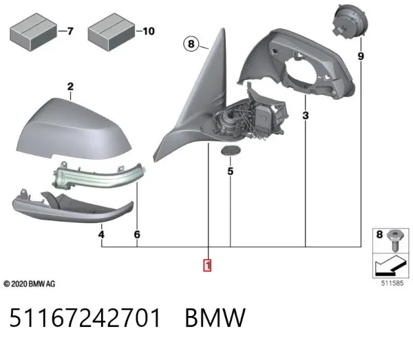 Espejo de retrovisor izquierdo 51167242701 BMW