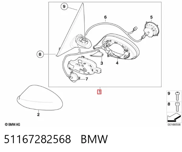 Espejo de retrovisor derecho 51167282568 BMW