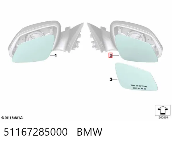 Cristal de espejo retrovisor derecho 51167285000 BMW
