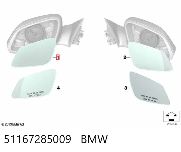 Cristal de espejo retrovisor exterior izquierdo 51167285009 BMW