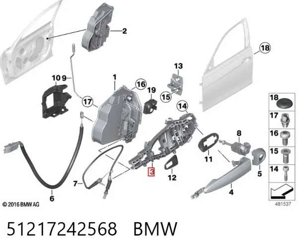 Soporte de manija exterior de puerta delantera derecha 51217242568 BMW