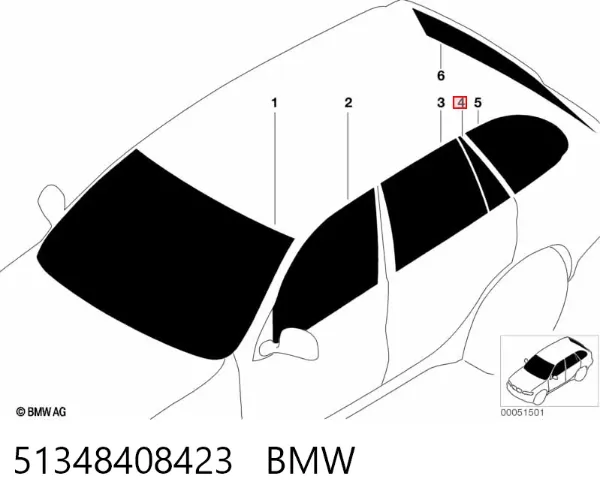 Cristal de la ventanilla fija de la puerta trasera izquierda 51348408423 BMW