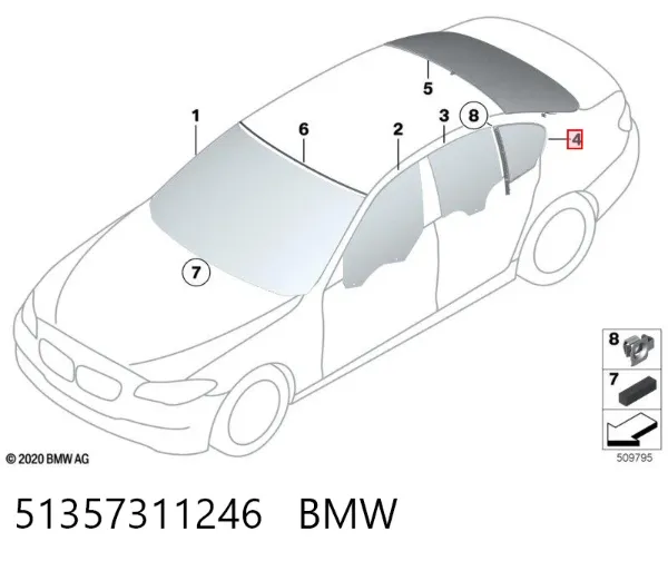Cristal de la ventanilla fija de la puerta trasera derecha 51357311246 BMW