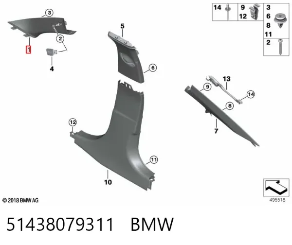Cubierta de pilar interior delantero izquierdo 51438079311 BMW