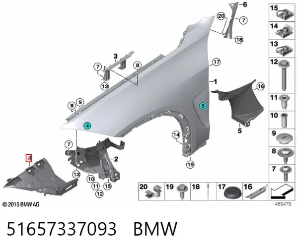 Soporte delantero izquierdo para aleta delantera 51657337093 BMW