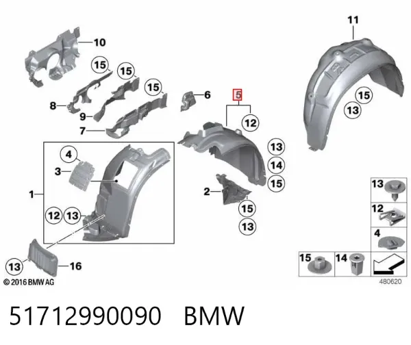 Guardabarros interior trasero derecho del guardafango delantero 51712990090 BMW