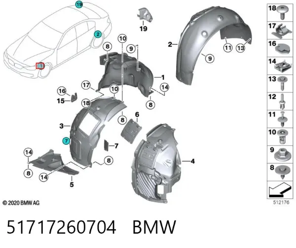 Guardabarros interior trasero derecho del guardafango delantero 51717260704 BMW
