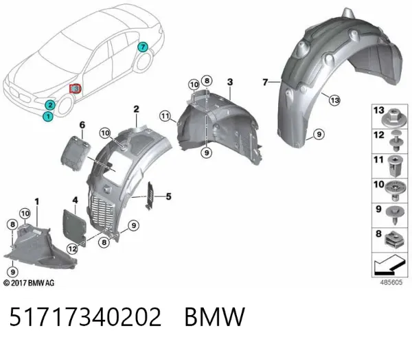 Guardabarros interior trasero derecho del guardafango delantero 51717340202 BMW