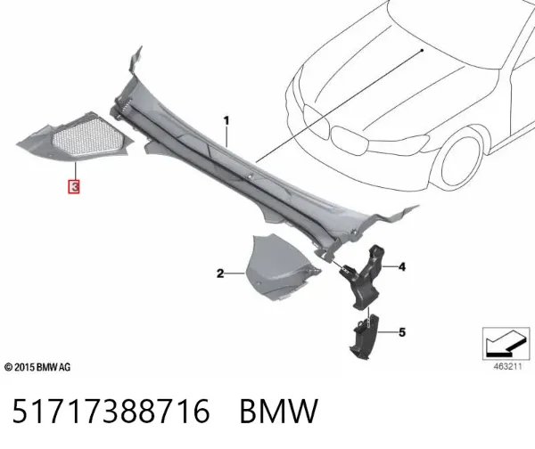 Rejilla derecha de limpiaparabrisas 51717388716 BMW