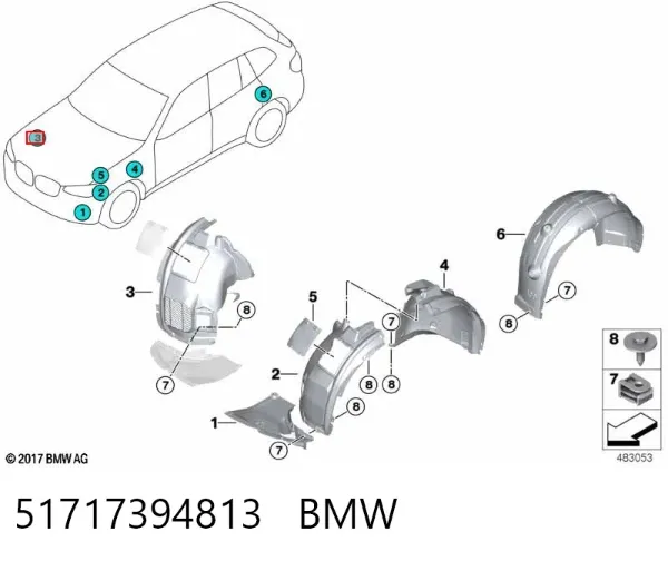 Guardalodos interior izquierdo, guardafango delantero 51717394813 BMW