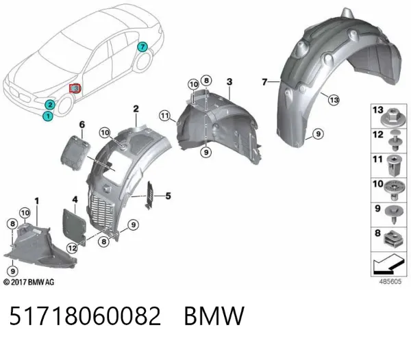 Guardabarros interior trasero derecho del guardafango delantero 51718060082 BMW
