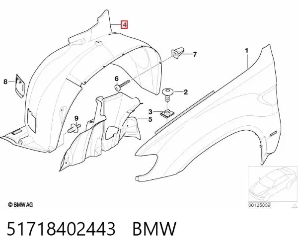 Guardalodos interior izquierdo, guardafango delantero 51718402443 BMW