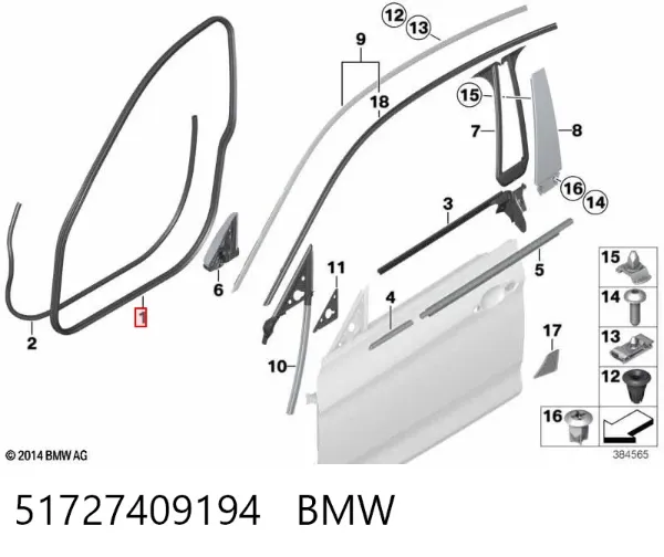 Junta de puerta delantera derecha (en la carrocería) 51727409194 BMW