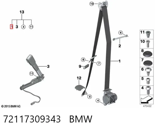 Cinturón de seguridad delantero izquierdo 72117309343 BMW
