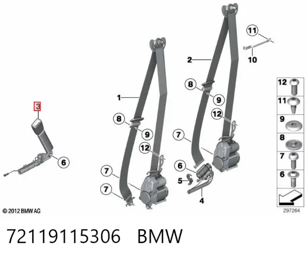 Palanca de bloqueo del cinturón de seguridad delantero derecho 72119115306 BMW