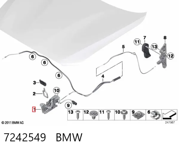 Cerradura del capó derecha 7242549 BMW