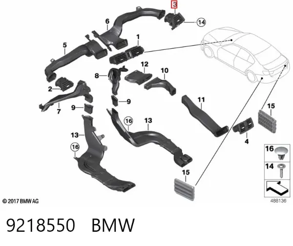 Rejilla de ventilación derecha del salpicadero 9218550 BMW