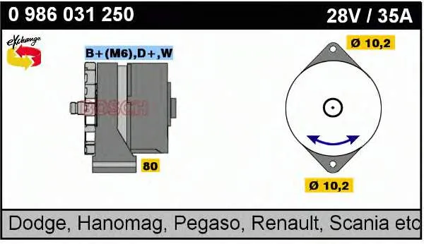 Alternador 0986031250 Bosch