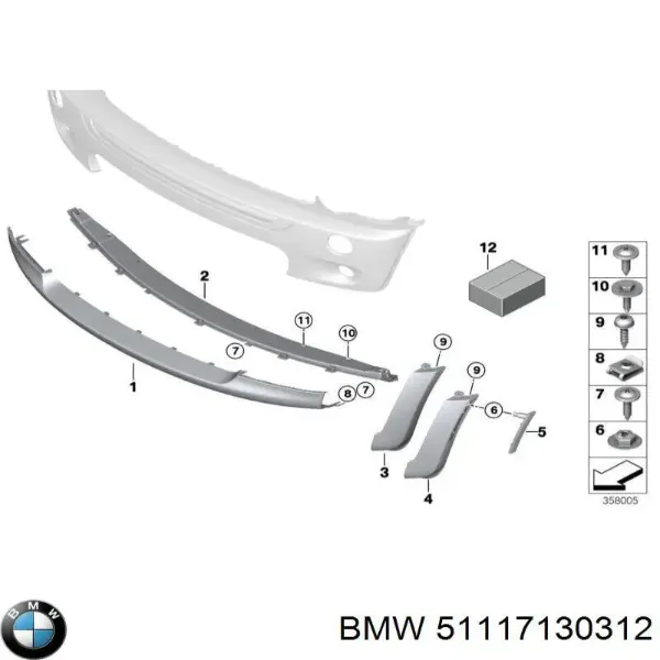 Spoiler derecho del parachoques delantero 51117130312 BMW