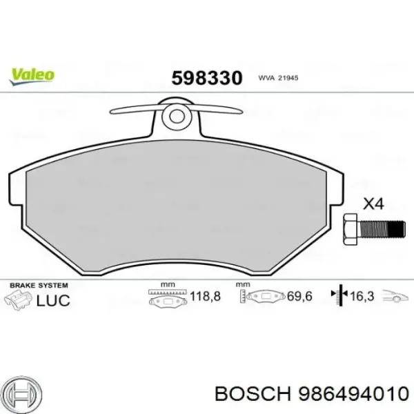 Pastillas de freno 986494010 Bosch