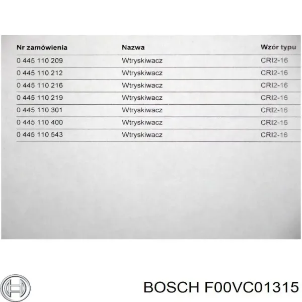 Válvula de inyector F00VC01315 Bosch