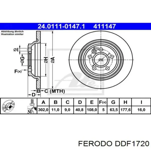 Disco de freno trasero DDF1720 Ferodo