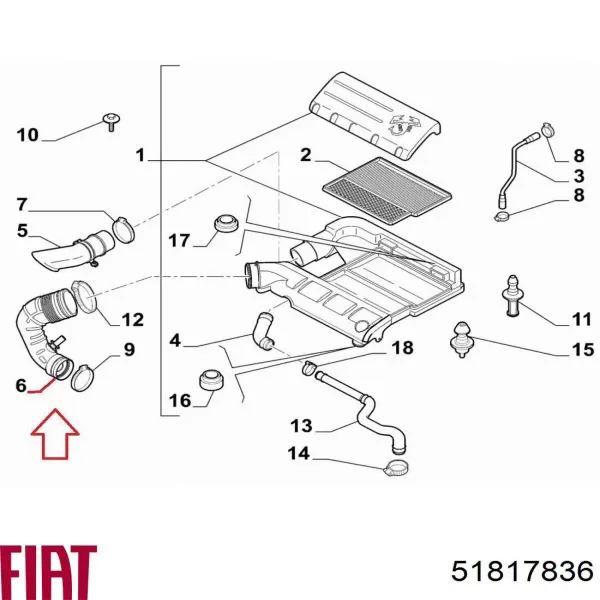 Conducto de aire, salida del filtro de aire 51817836 Fiat/Alfa/Lancia