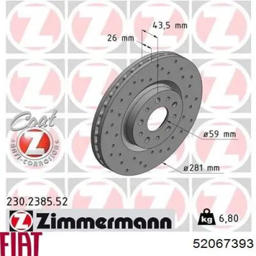 Disco de freno 52067393 Fiat/Alfa/Lancia