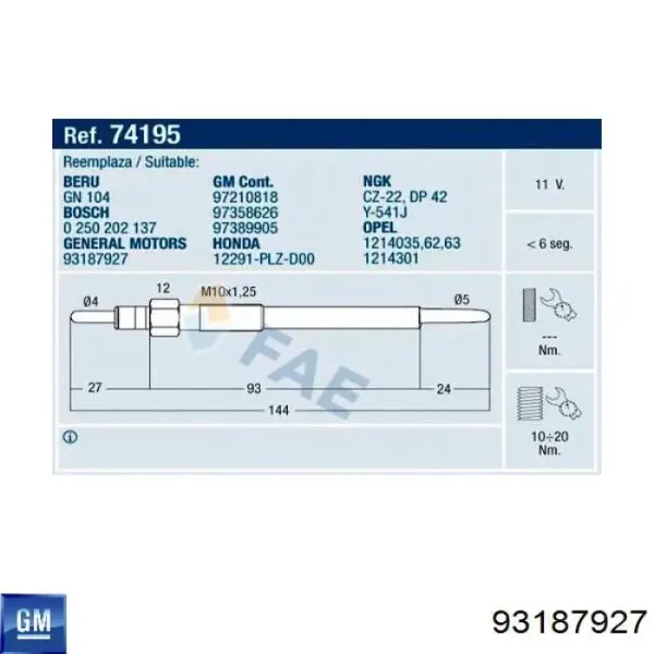 Bujía de precalentamiento 93187927 General Motors