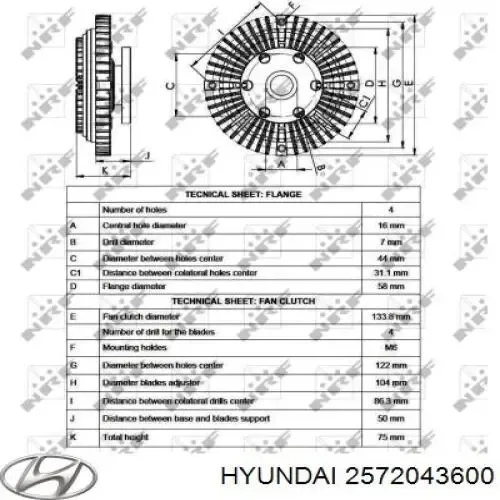 Embrague viscoso de ventilador 2572043600 Hyundai/Kia