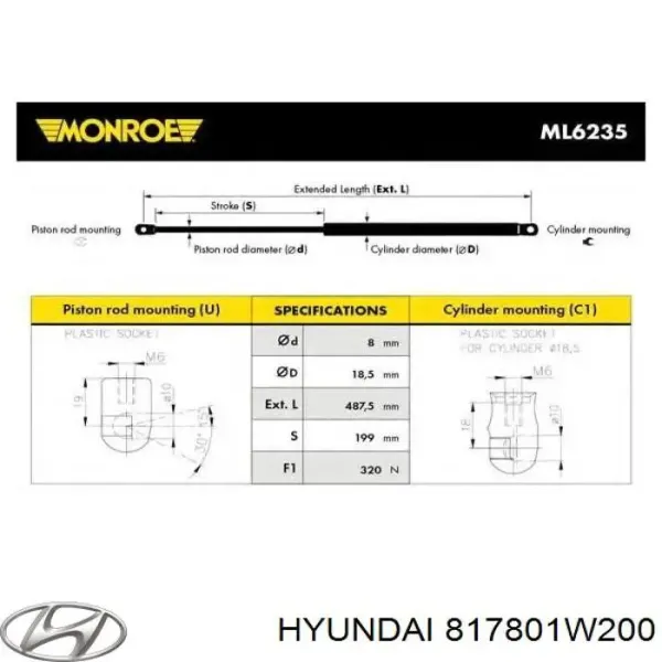 Amortiguador maletero 817801W200 Hyundai/Kia