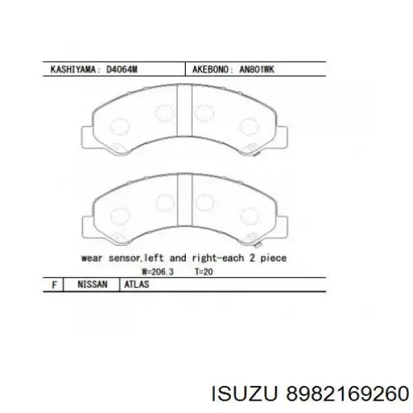 Pastillas de freno 8982169260 Isuzu