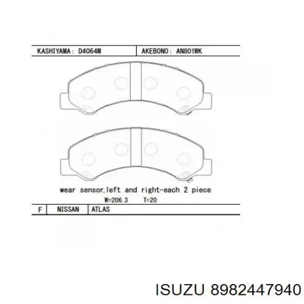 Pastillas de freno 8982447940 Isuzu