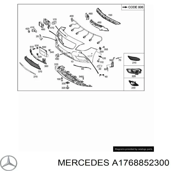 Moldura central del parachoques delantero A1768852300 Mercedes