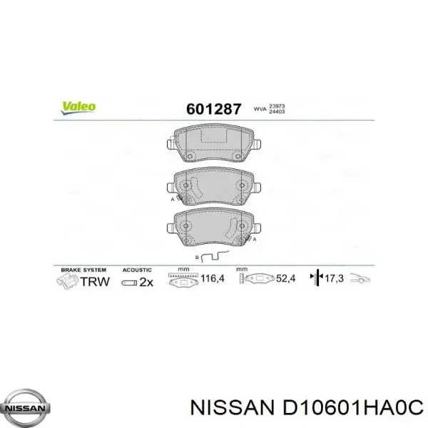 Pastillas de freno D10601HA0C Nissan/Infiniti