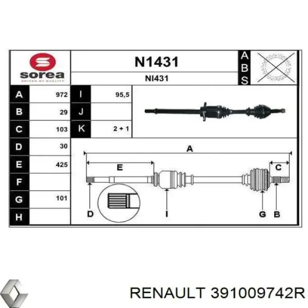 Árbol de transmisión delantero derecho 391009742R Renault (RVI)
