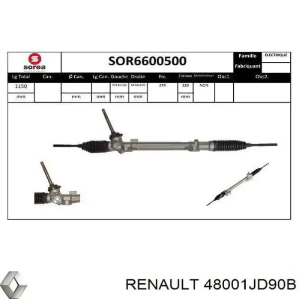 Cremallera de dirección 48001JD90B Renault (RVI)