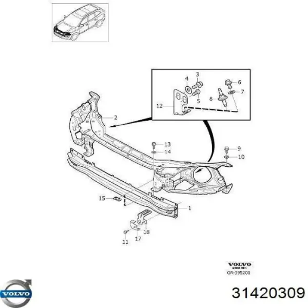 Refuerzo parachoque delantero 31420309 Volvo